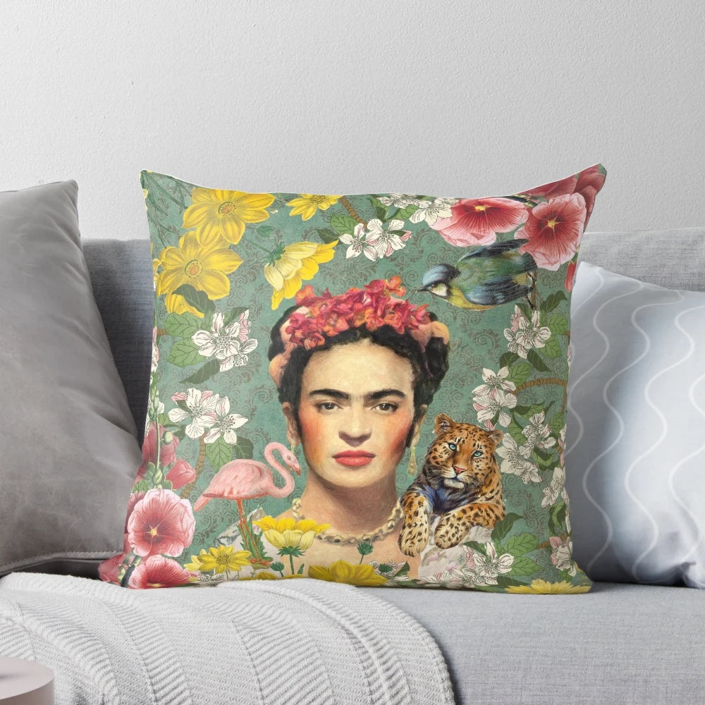 Colorful Floral Frida Kahlo Inspired Throw Pillow