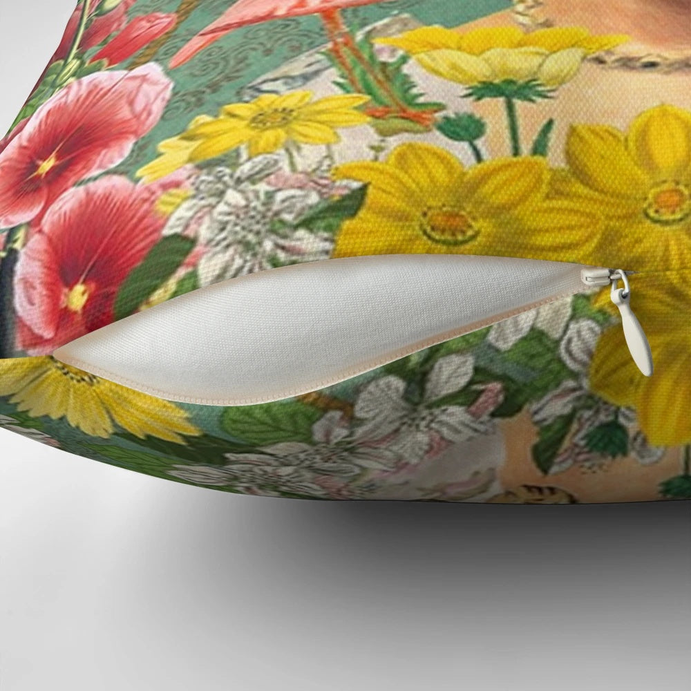 Colorful floral pillow design inspired by the iconic Frida Kahlo artwork and culture