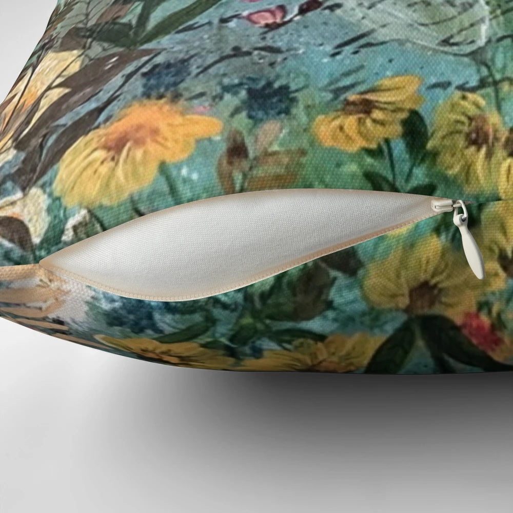 Delightful day pillow featuring a vibrant floral garden design with colorful butterflies