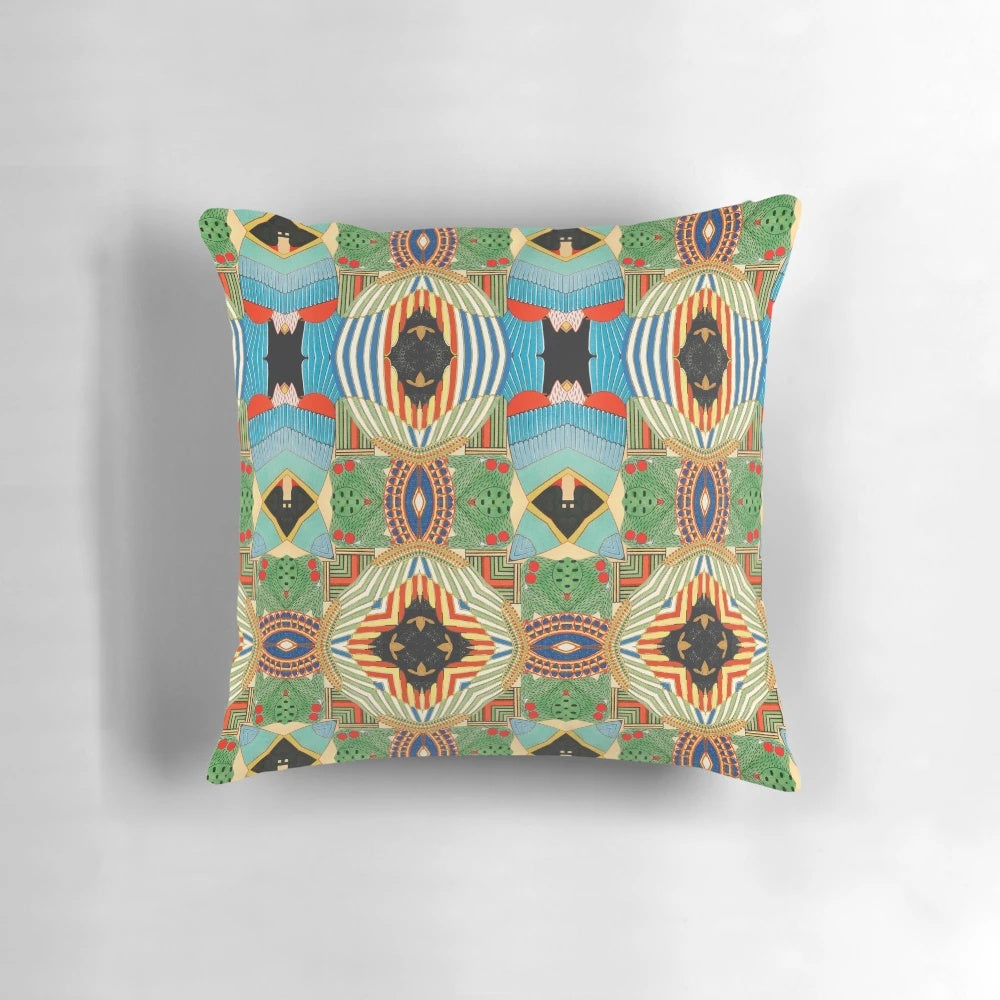 Colorful seamless pattern with floral and geometric elements, inspired by tribal and Indian artwork, perfect for a decorative pillow.