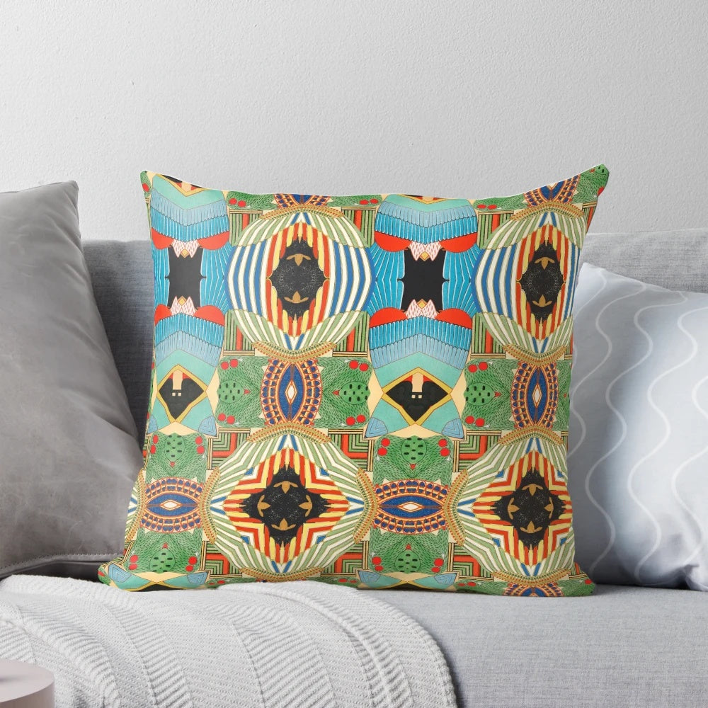 Colorful seamless pattern with floral and geometric elements, inspired by tribal and Indian artwork, perfect for a decorative pillow.