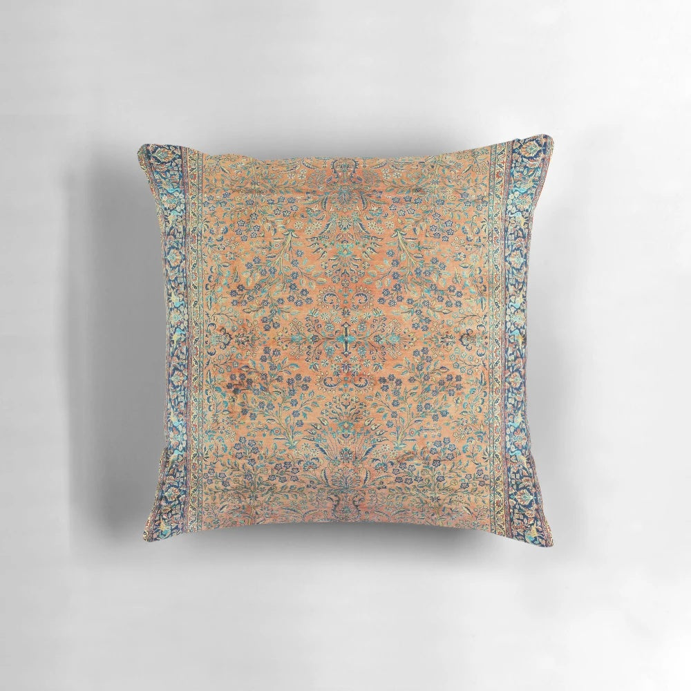 Decorative throw pillow with a vibrant, Persian-inspired floral pattern
