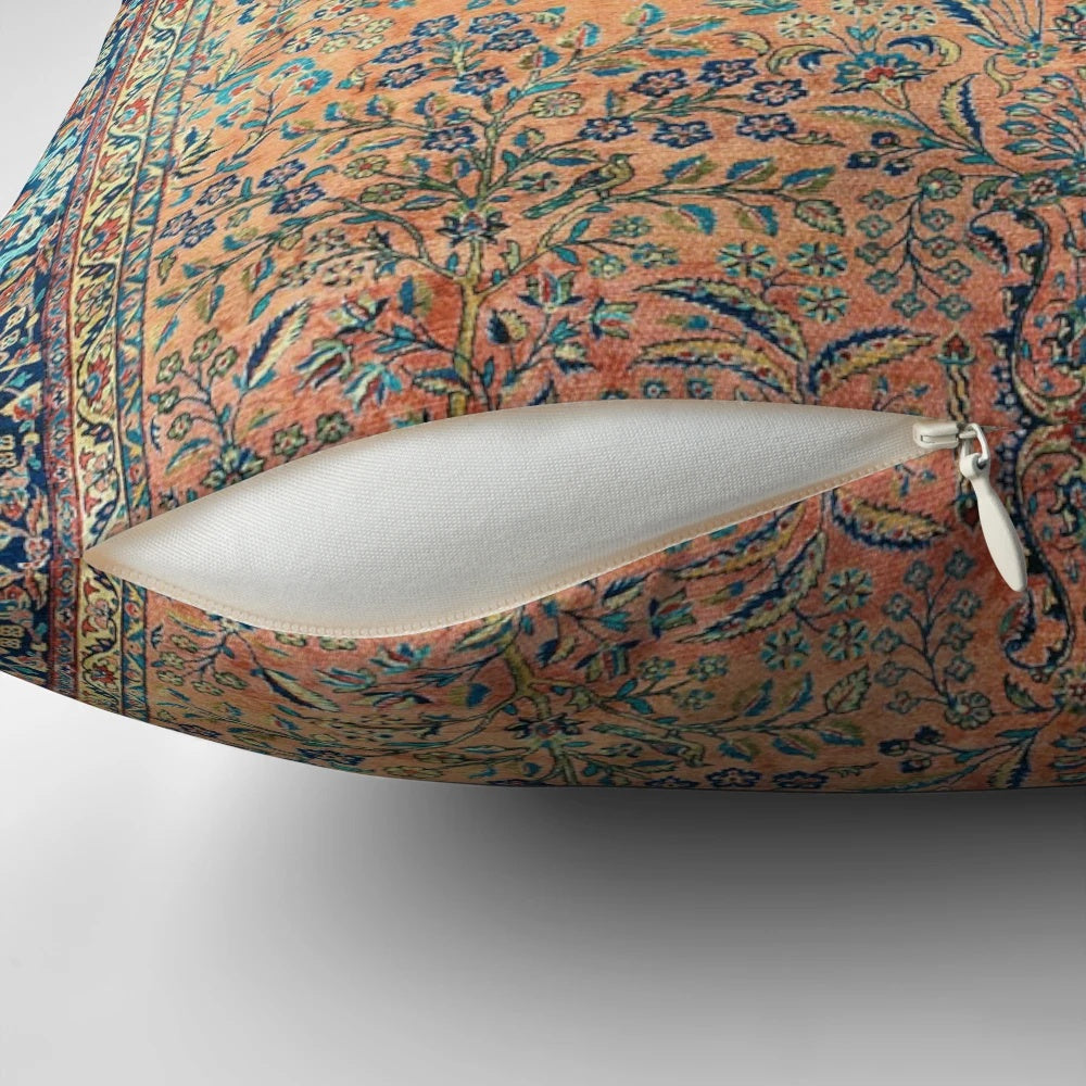 Decorative throw pillow with a vibrant, Persian-inspired floral pattern