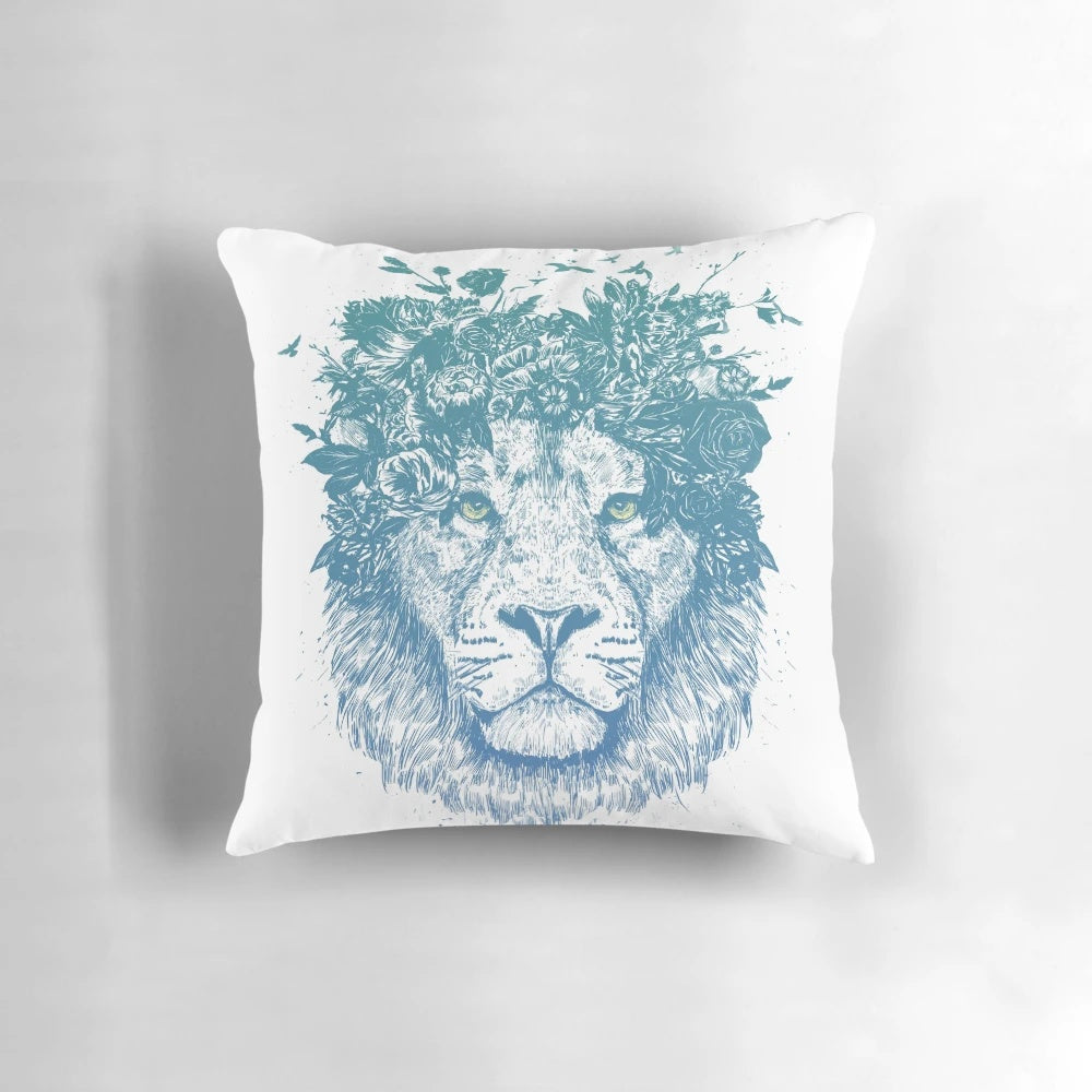 A colorful and whimsical throw pillow featuring a floral lion illustration, perfect for adding a touch of nature-inspired style to any room.