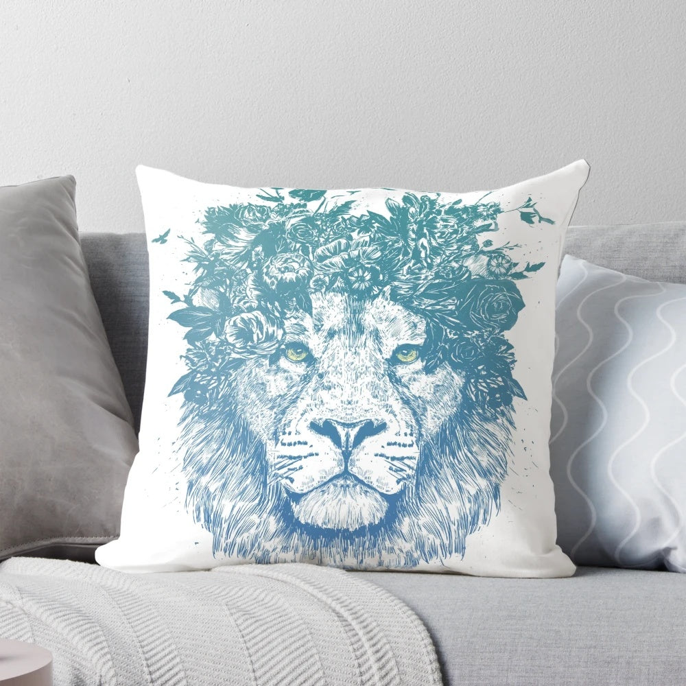 A colorful and whimsical throw pillow featuring a floral lion illustration, perfect for adding a touch of nature-inspired style to any room.