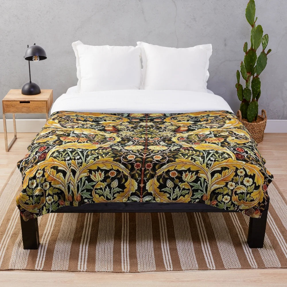 Plush blanket with a vibrant floral and owl pattern inspired by William Morris designs