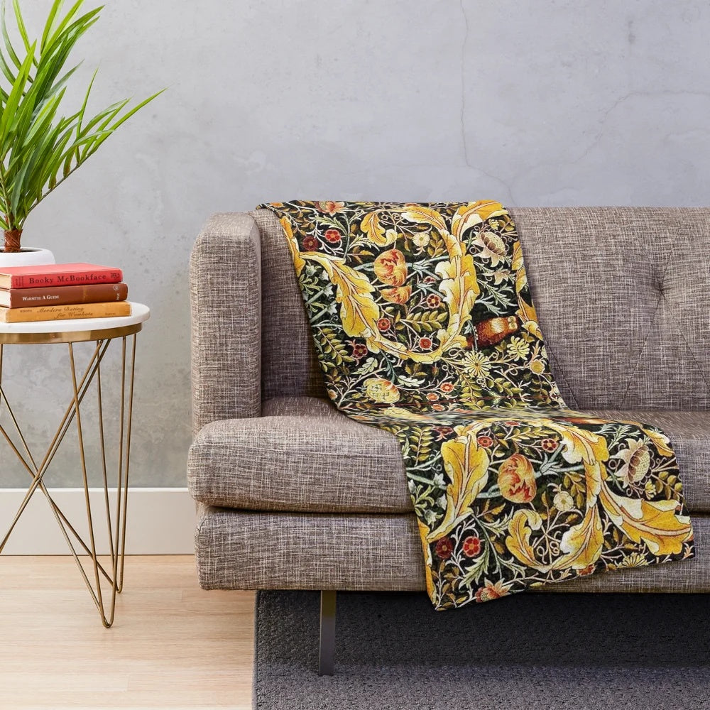 Plush blanket with a vibrant floral and owl pattern inspired by William Morris designs