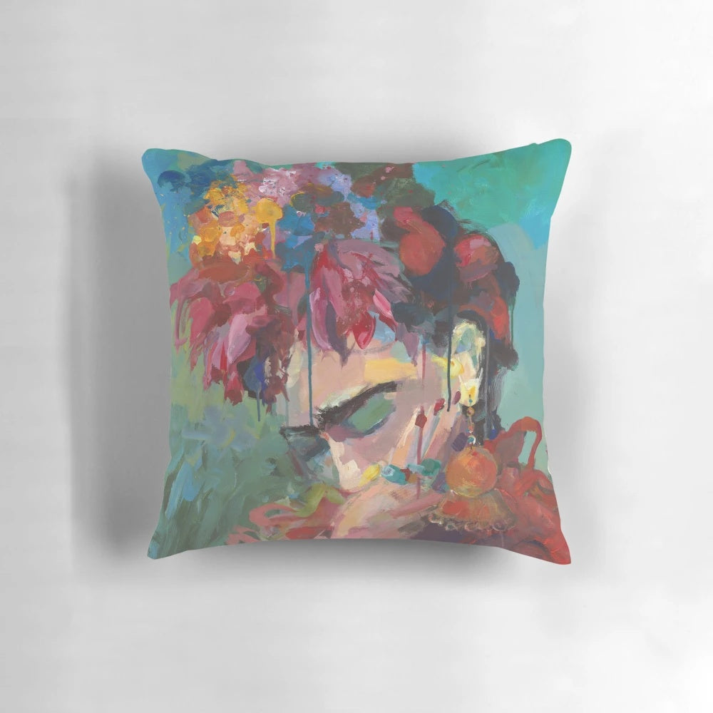 Colorful floral pillow with Frida Kahlo-inspired design