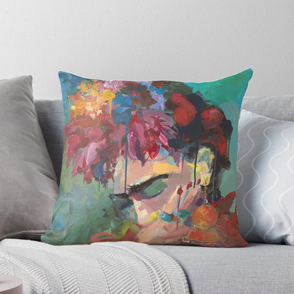 Colorful floral pillow with Frida Kahlo-inspired design