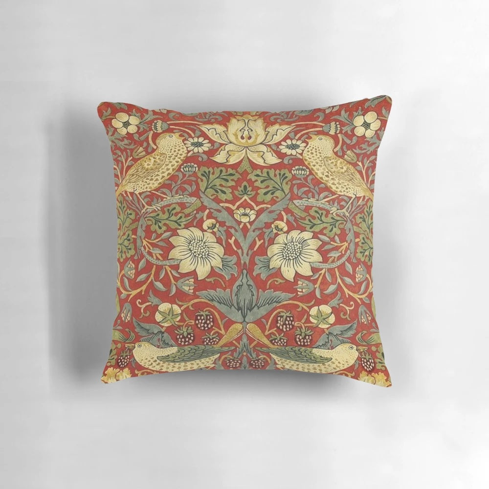 Colorful floral pillow featuring a vintage botanical design inspired by the iconic artwork of William Morris.