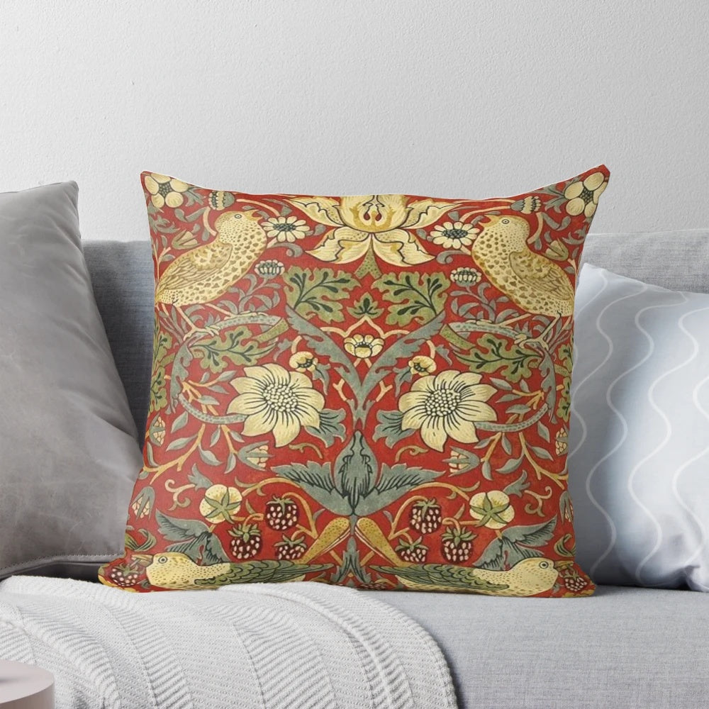 Colorful floral pillow featuring a vintage botanical design inspired by the iconic artwork of William Morris.