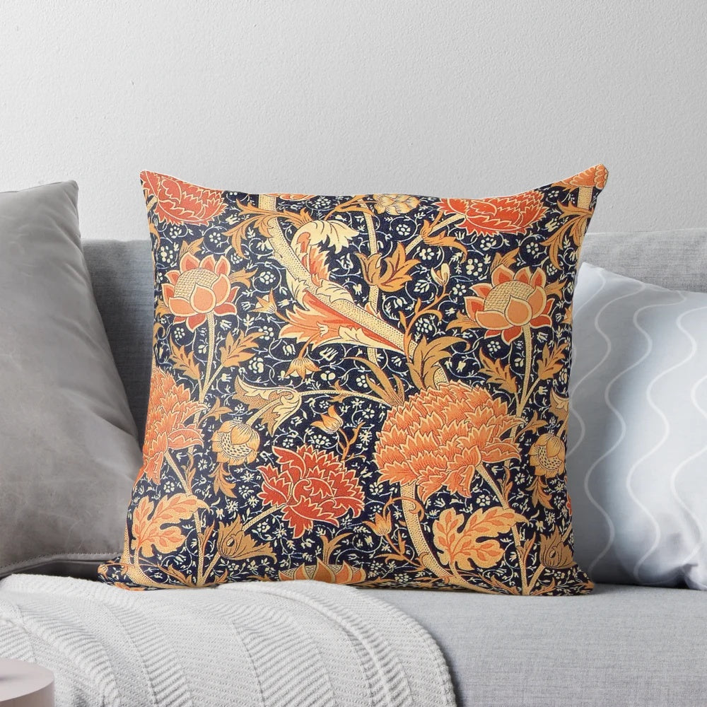 Colorful floral pattern pillow inspired by the designs of William Morris