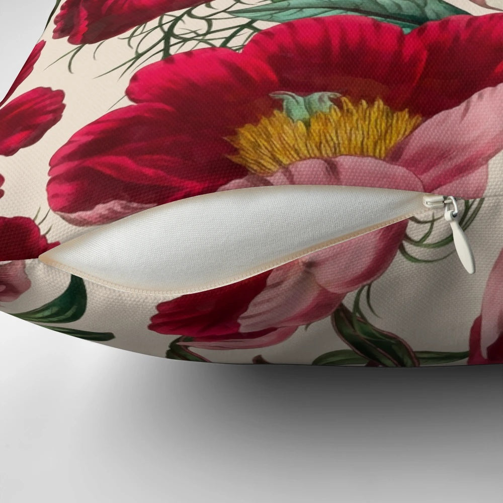 Colorful watercolor painting of a bouquet of pink, white, and red peonies and anemone flowers on a floral pillow.