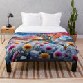 Vibrant floral plush blanket with psychedelic, bohemian-inspired design