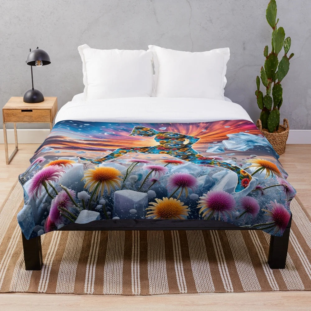 Vibrant floral plush blanket with psychedelic, bohemian-inspired design
