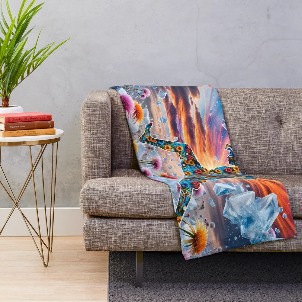 Vibrant floral plush blanket with psychedelic, bohemian-inspired design