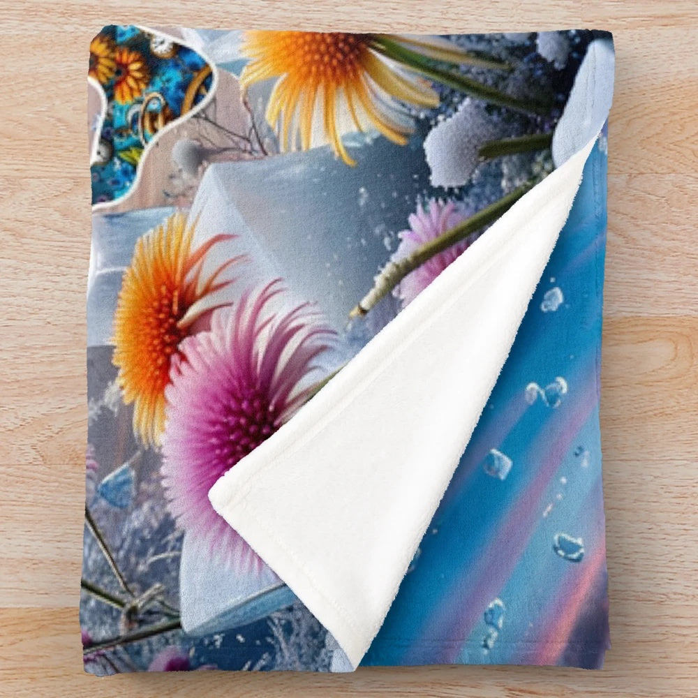 Vibrant floral plush blanket with psychedelic, bohemian-inspired design