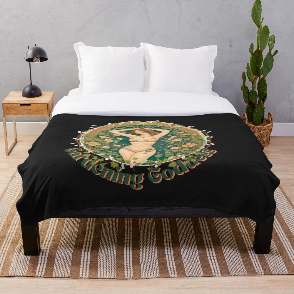 Colorful floral print plush blanket with gardening and nature motifs
