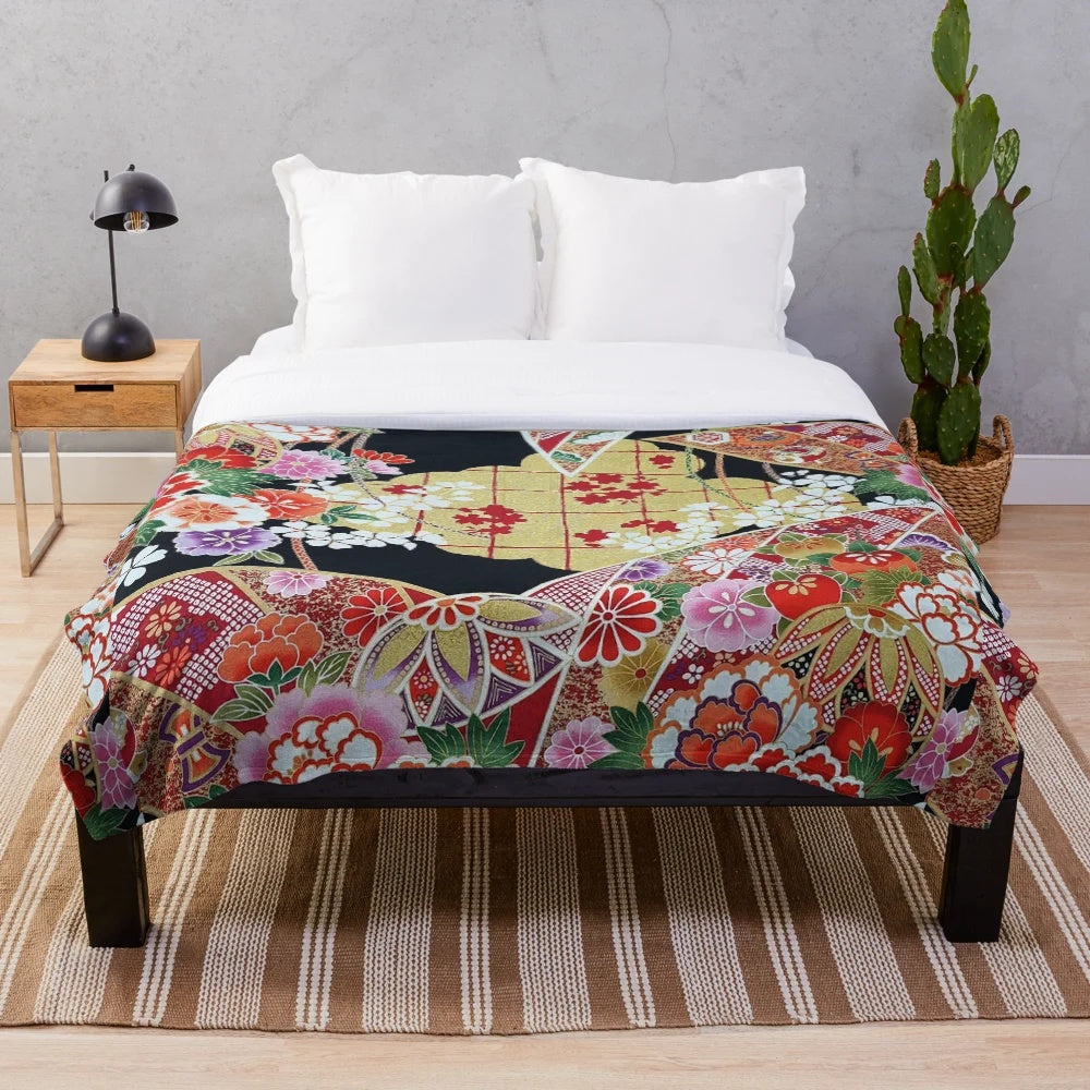 Antique Japanese Flower Inspired Floral Plush Blanket