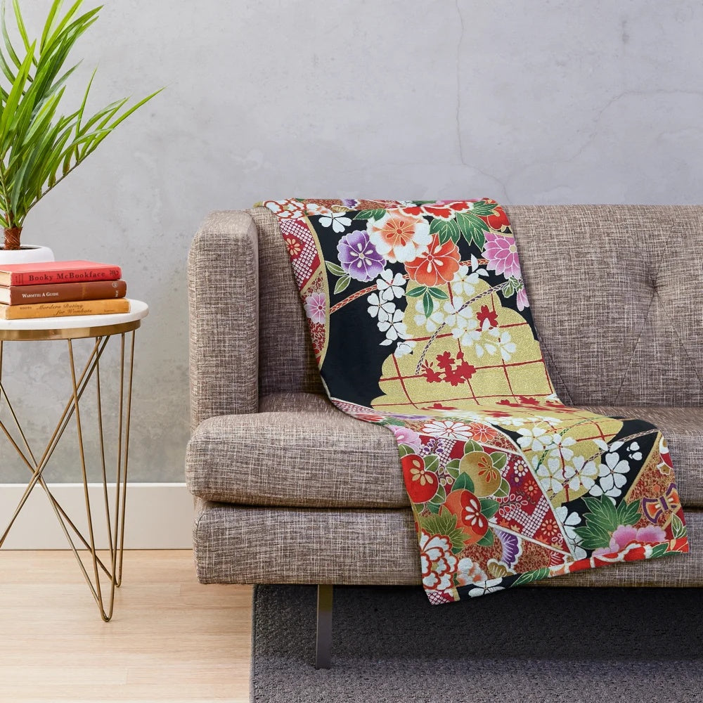 Antique Japanese Flower Inspired Floral Plush Blanket