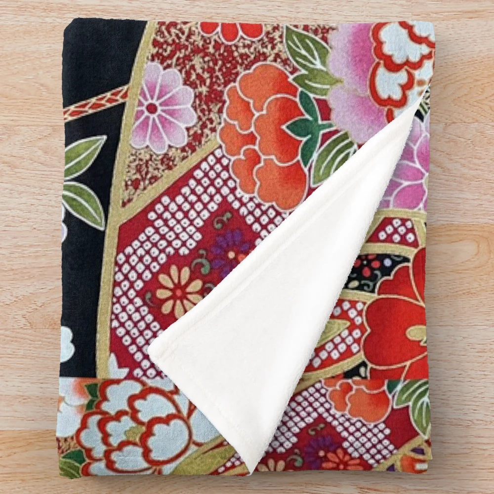 Antique Japanese Flower Inspired Floral Plush Blanket