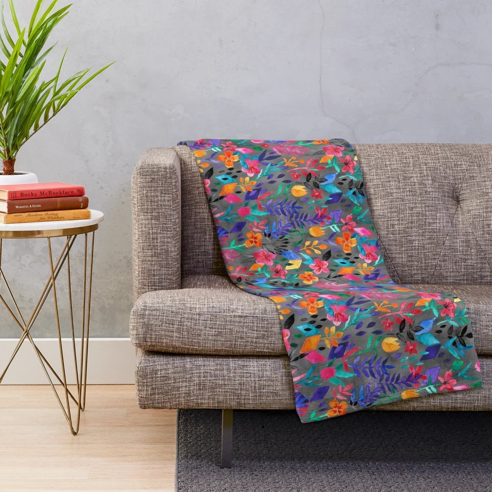 Colorful floral plush blanket with abstract watercolor pattern