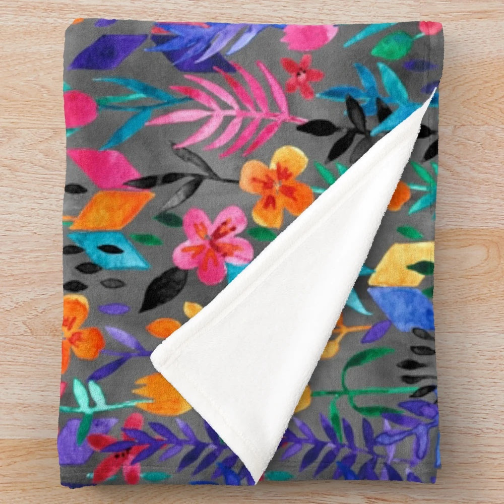 Colorful floral plush blanket with abstract watercolor pattern