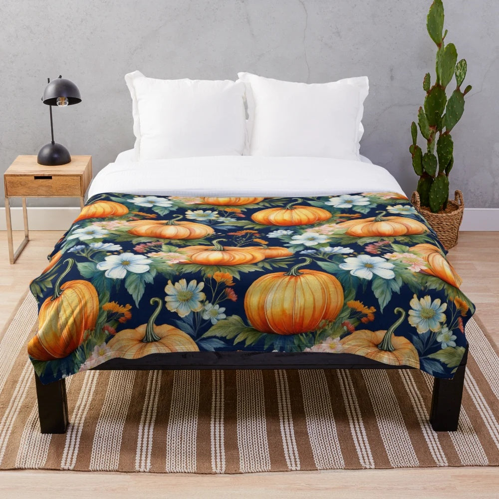 Pumpkin patch floral design on dark blue plush blanket