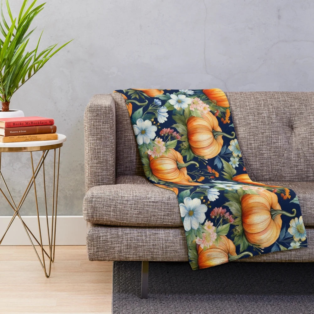 Pumpkin patch floral design on dark blue plush blanket
