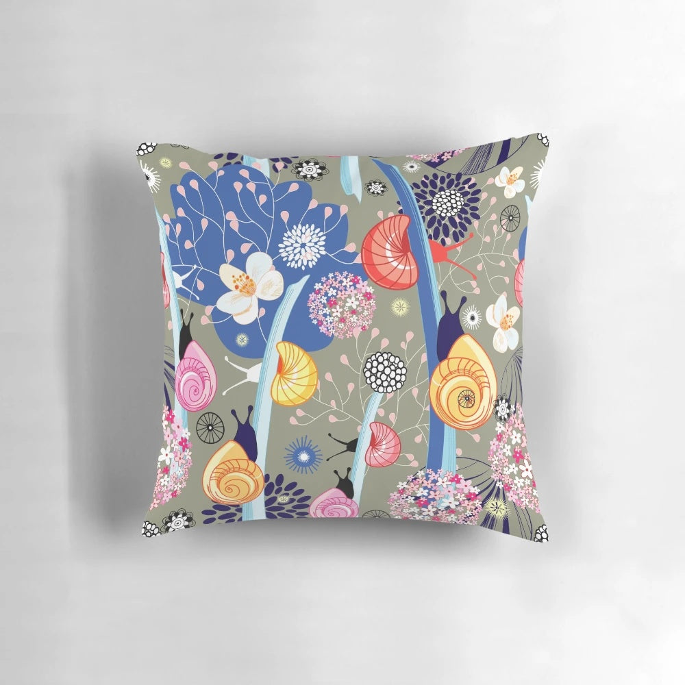 Colorful floral pattern with a bright snail and textured background for a nature-inspired graphic design pillow