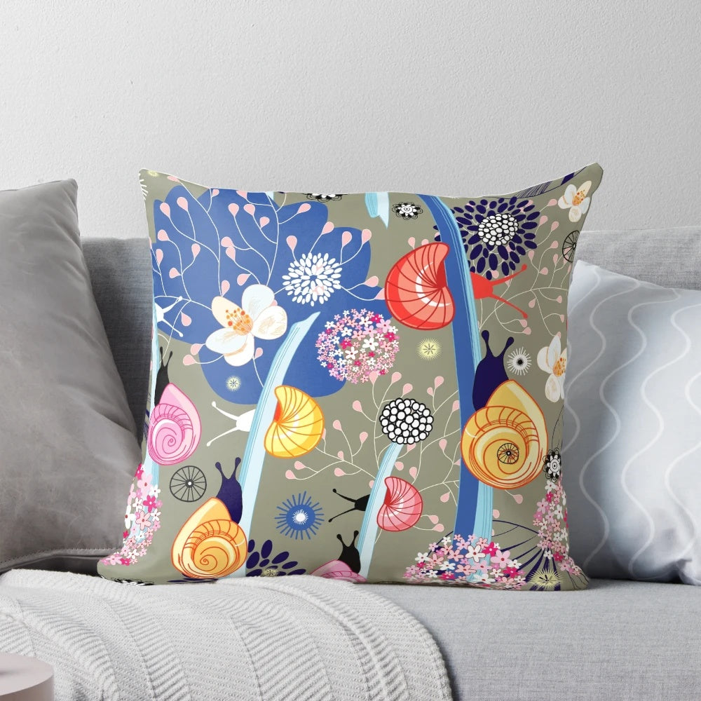 Colorful floral pattern with a bright snail and textured background for a nature-inspired graphic design pillow