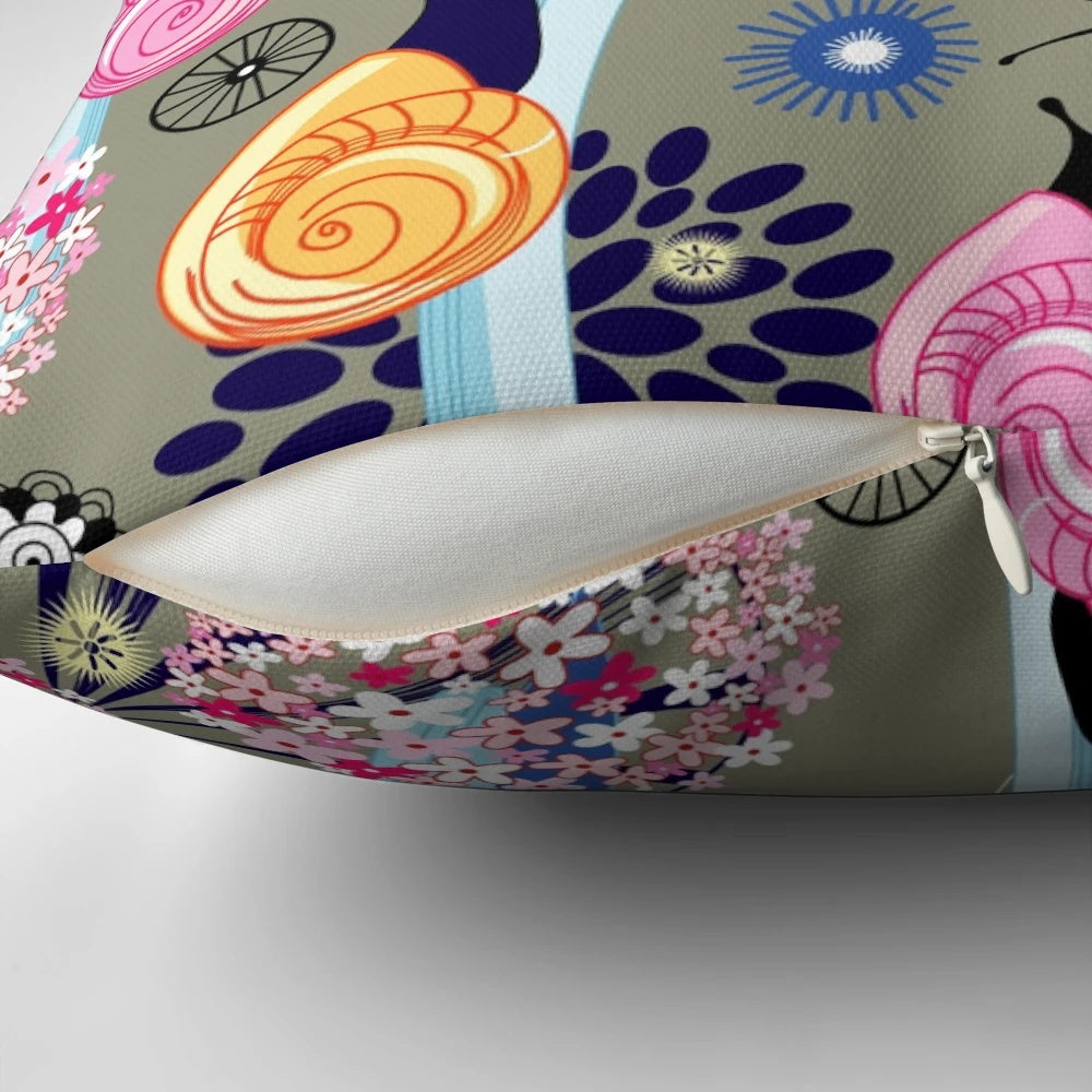 Colorful floral pattern with a bright snail and textured background for a nature-inspired graphic design pillow