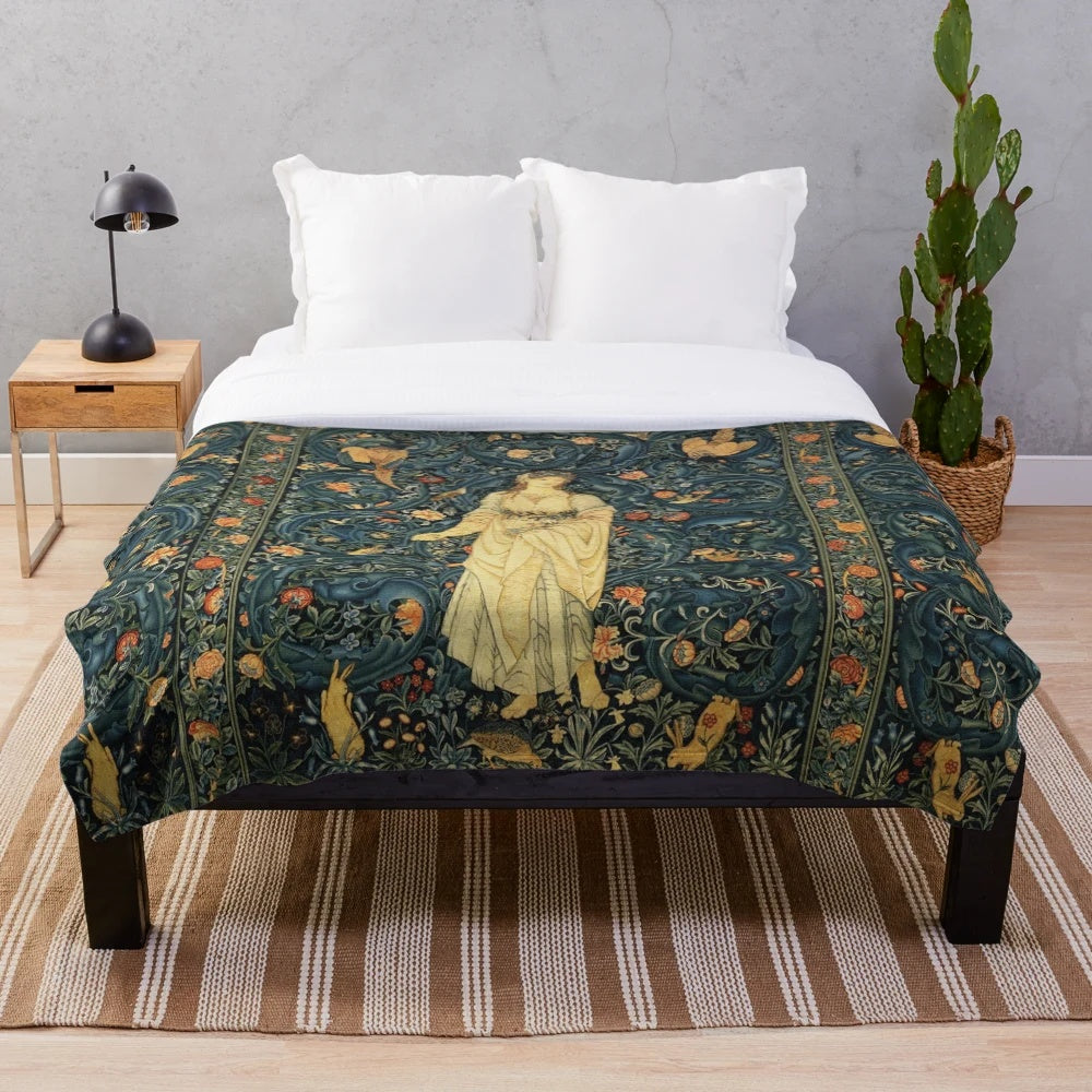 Colorful floral tapestry plush blanket featuring forest animals and pheasant birds