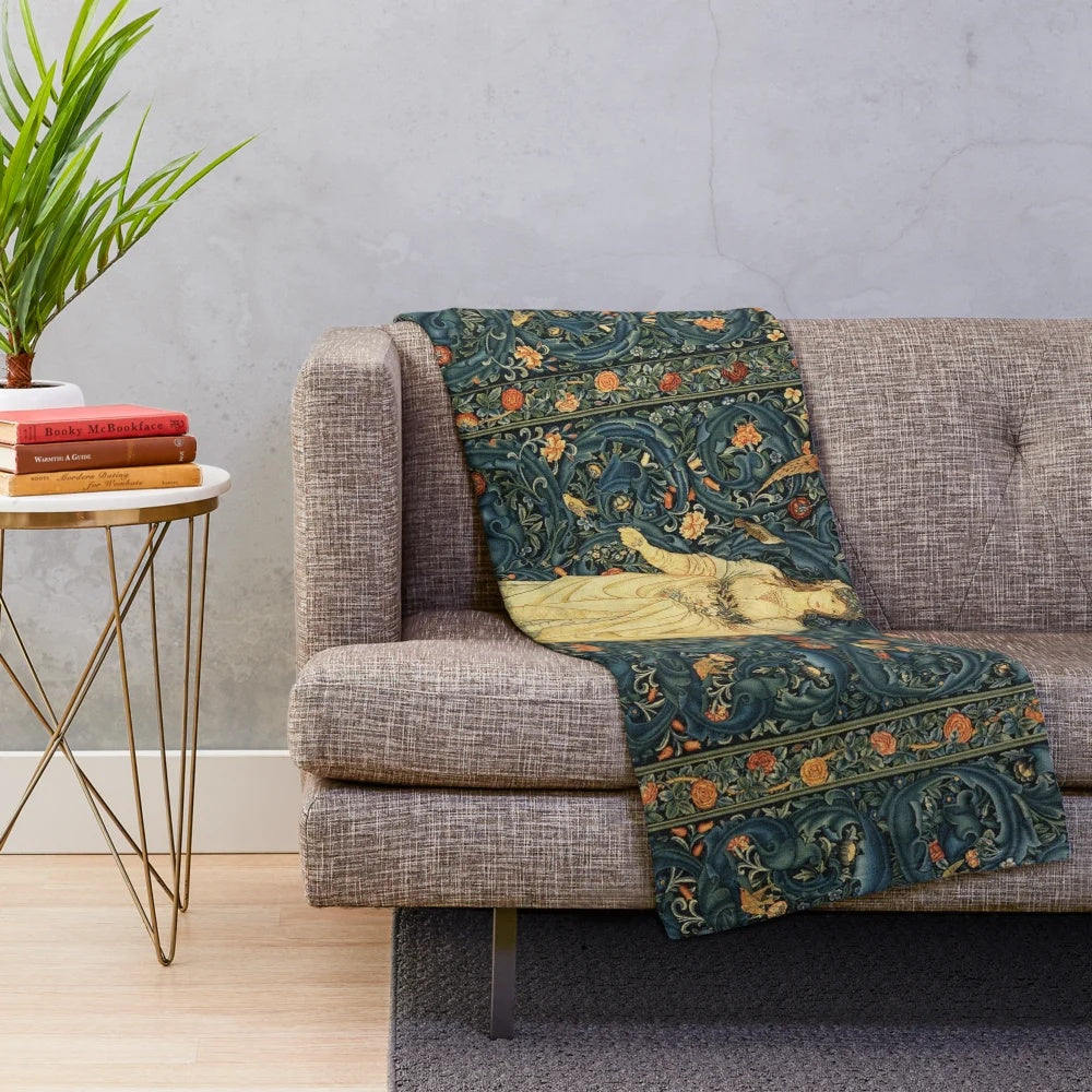Colorful floral tapestry plush blanket featuring forest animals and pheasant birds