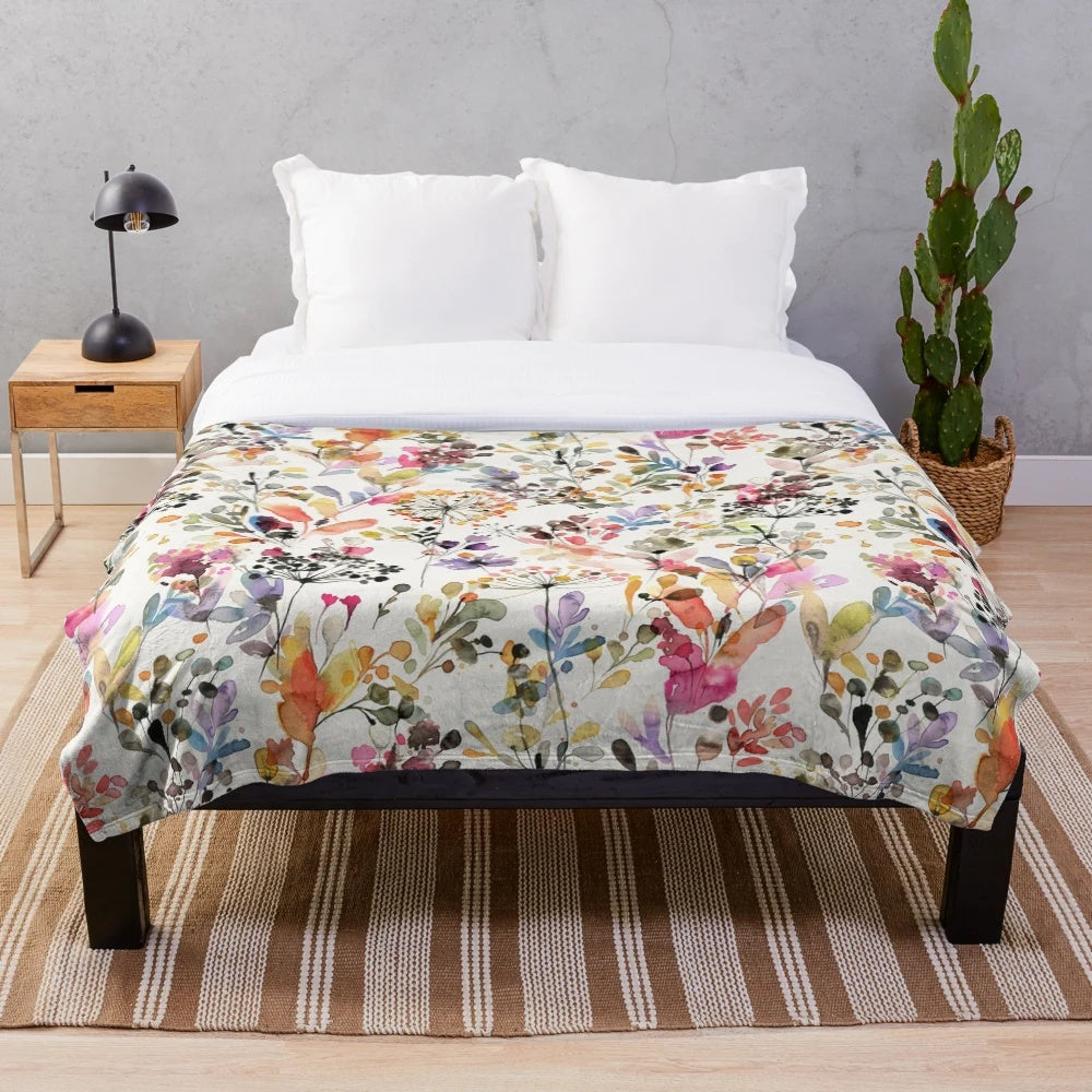 Vibrant floral watercolor plush blanket with botanical nature artwork