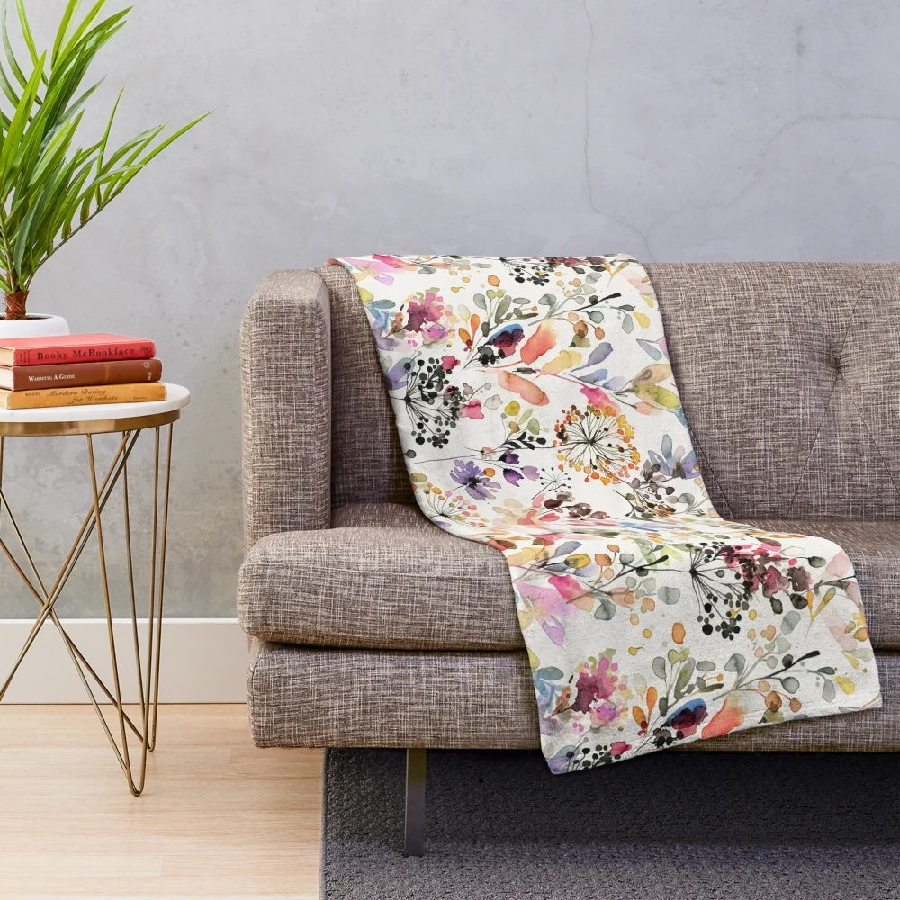 Vibrant floral watercolor plush blanket with botanical nature artwork