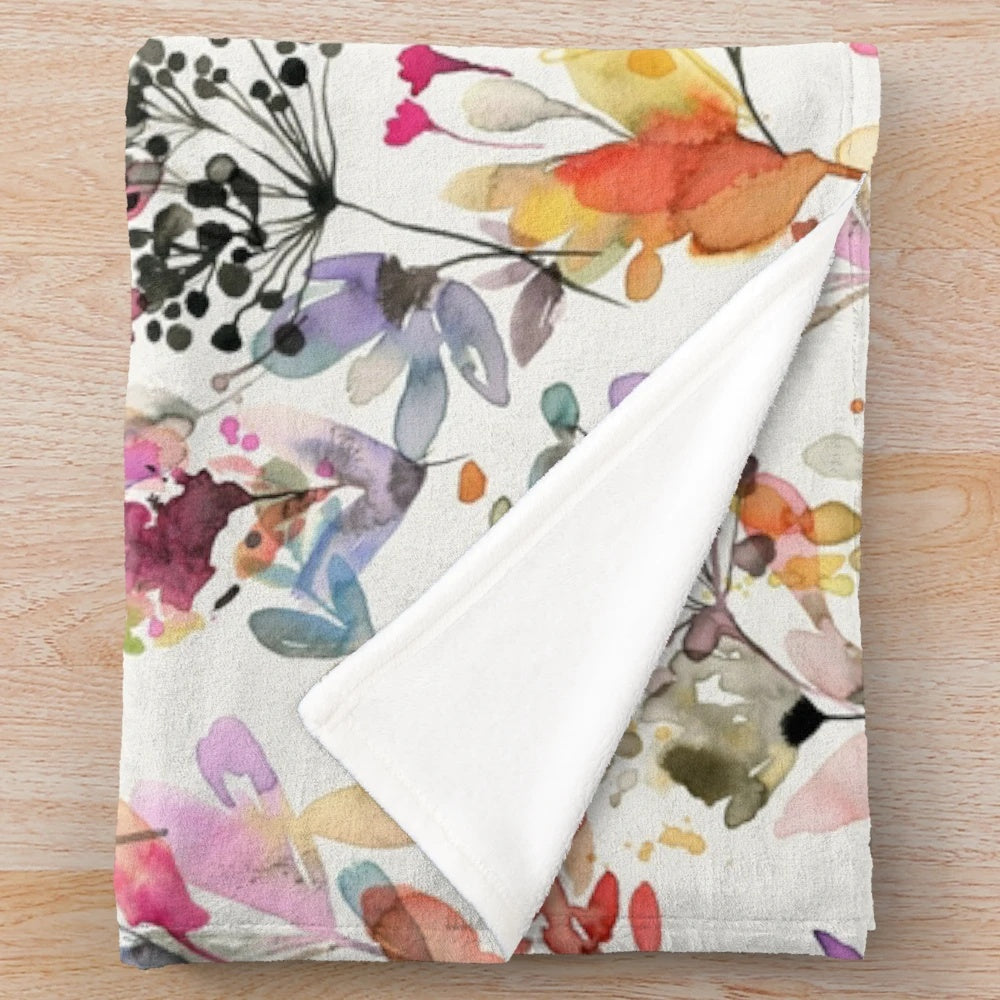 Vibrant floral watercolor plush blanket with botanical nature artwork