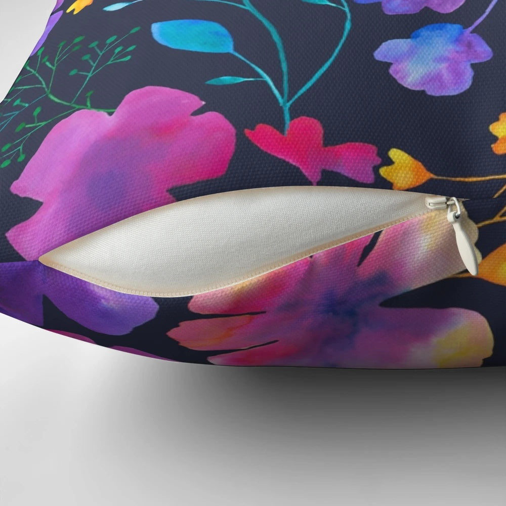 Colorful floral watercolor pattern on a decorative throw pillow