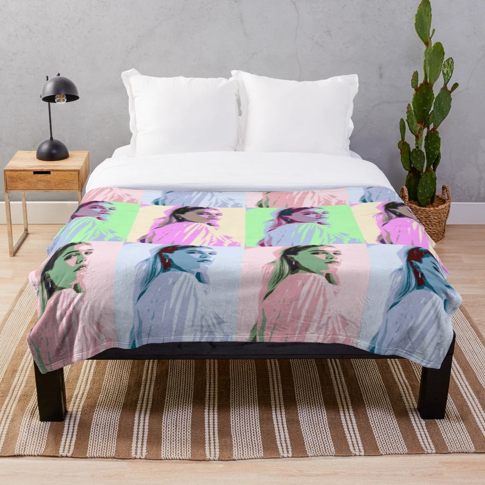 Colorful pop art style plush blanket featuring actress Florence Pugh
