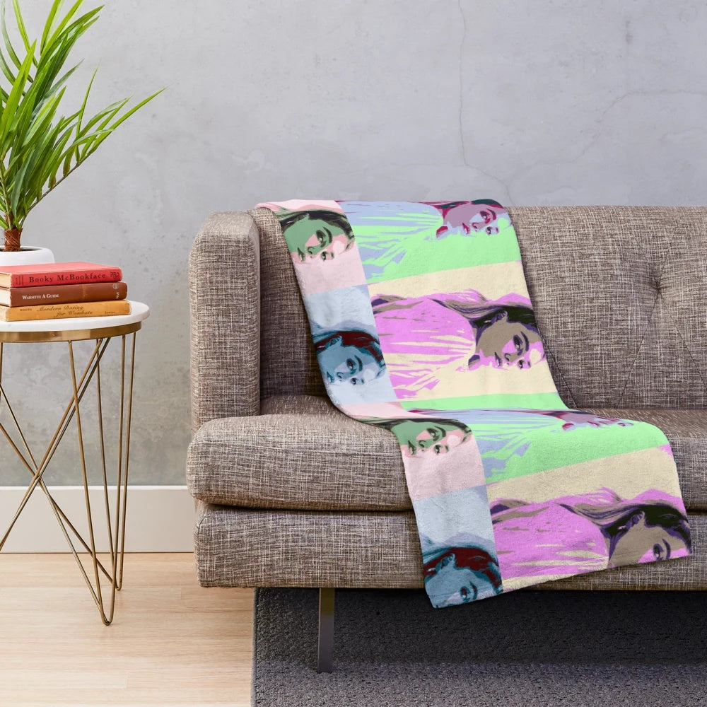 Colorful pop art style plush blanket featuring actress Florence Pugh