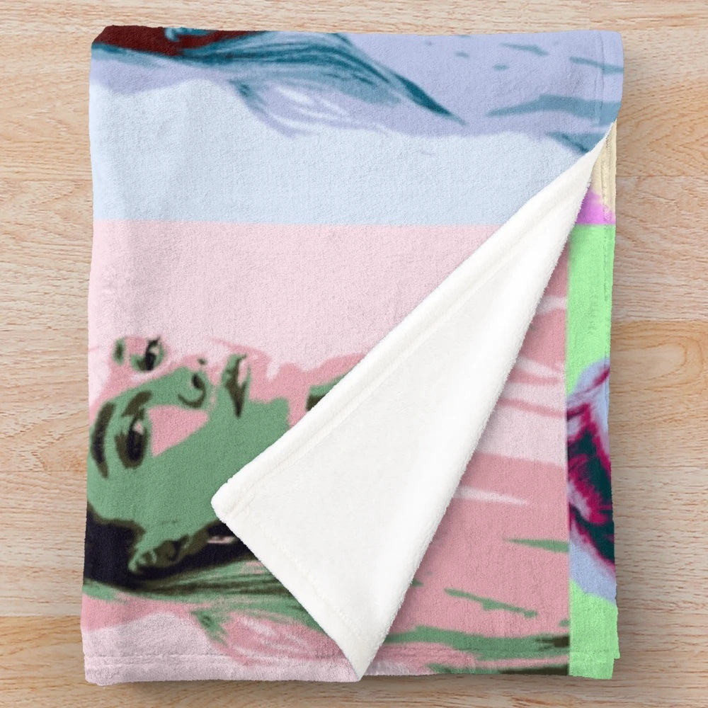 Colorful pop art style plush blanket featuring actress Florence Pugh