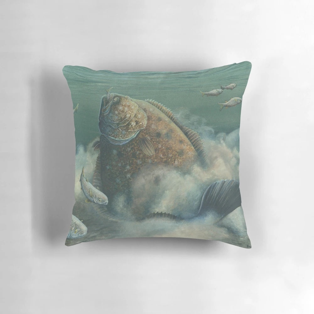 A colorful watercolor painting of a fluke or flounder fish on a decorative throw pillow