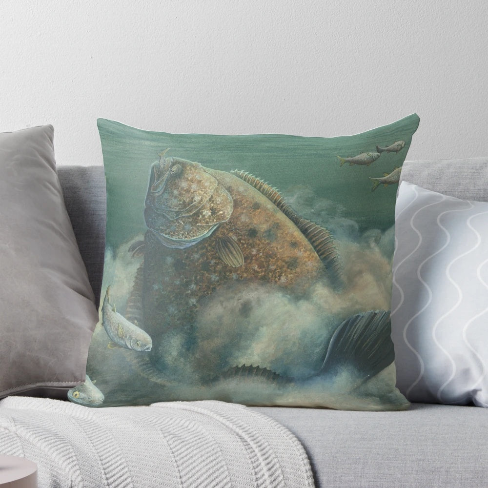 A colorful watercolor painting of a fluke or flounder fish on a decorative throw pillow