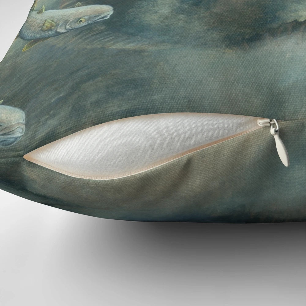 A colorful watercolor painting of a fluke or flounder fish on a decorative throw pillow