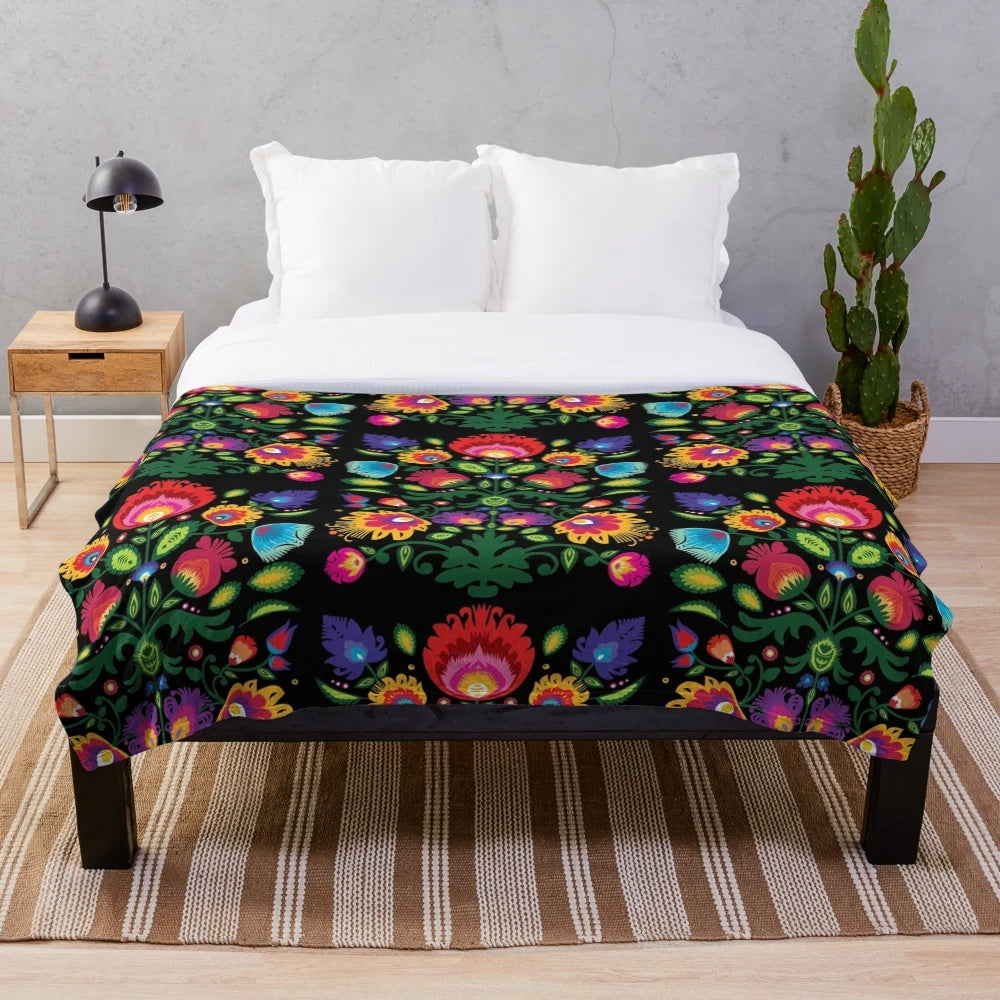 Vibrant folk art floral pattern plush blanket