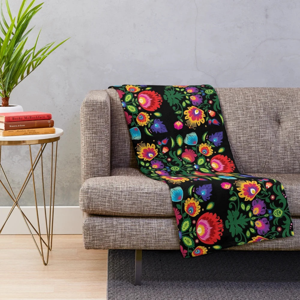 Vibrant folk art floral pattern plush blanket