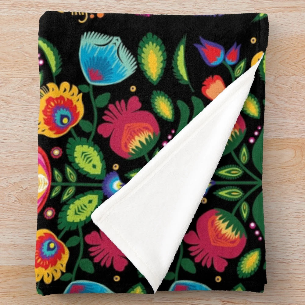 Vibrant folk art floral pattern plush blanket