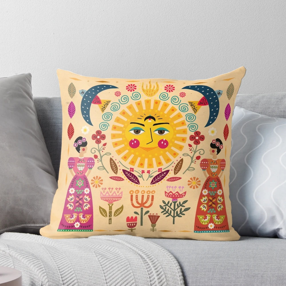 A decorative throw pillow featuring a vibrant collage-style design inspired by the iconic Mexican artist Frida Kahlo, including elements like birds, flowers, and the sun.