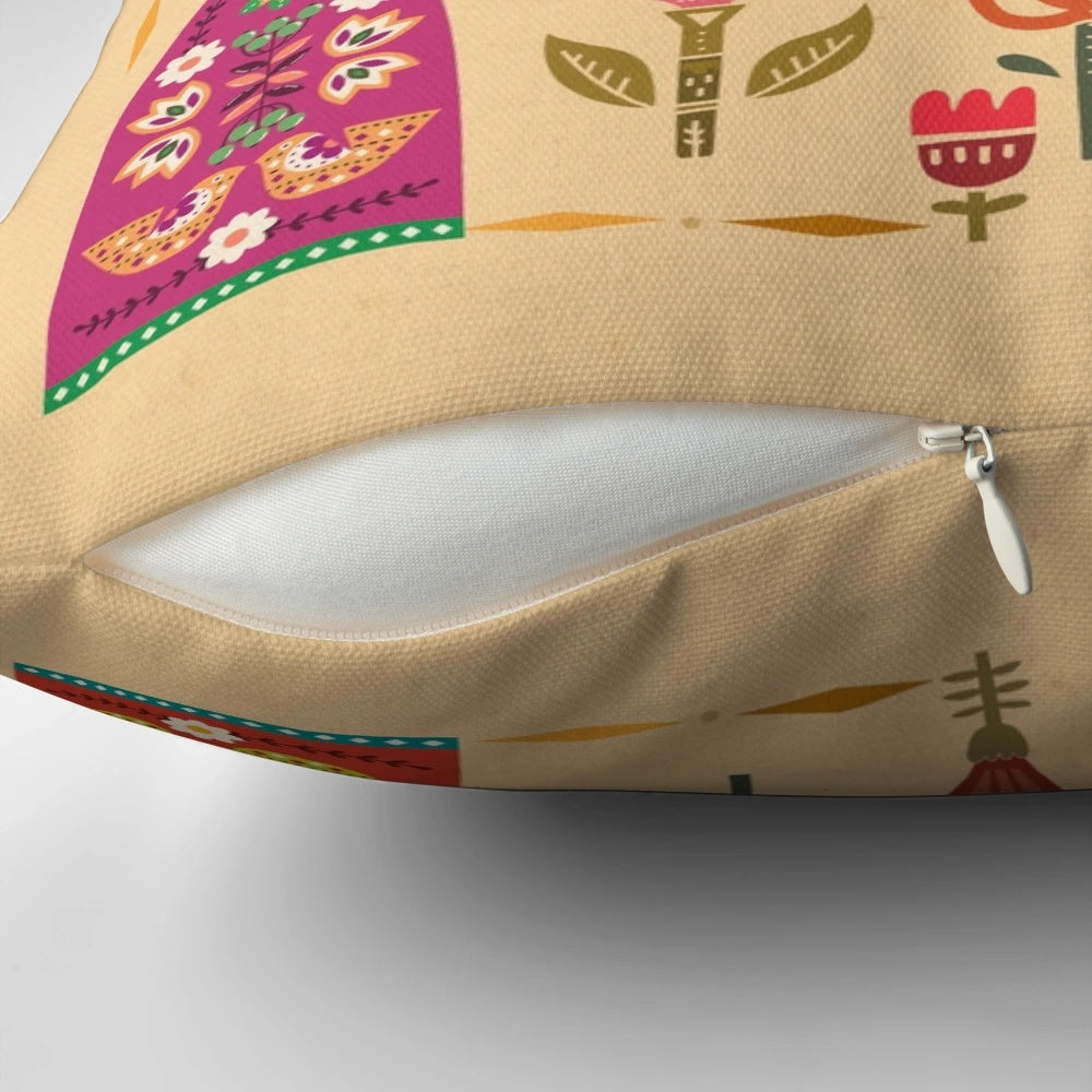 A decorative throw pillow featuring a vibrant collage-style design inspired by the iconic Mexican artist Frida Kahlo, including elements like birds, flowers, and the sun.
