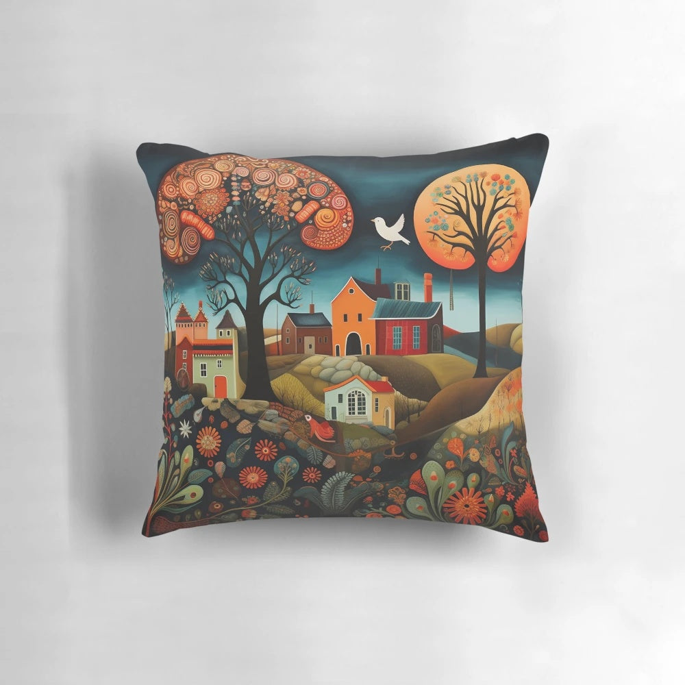 Colorful folk art-inspired throw pillow with intricate patterns and textures